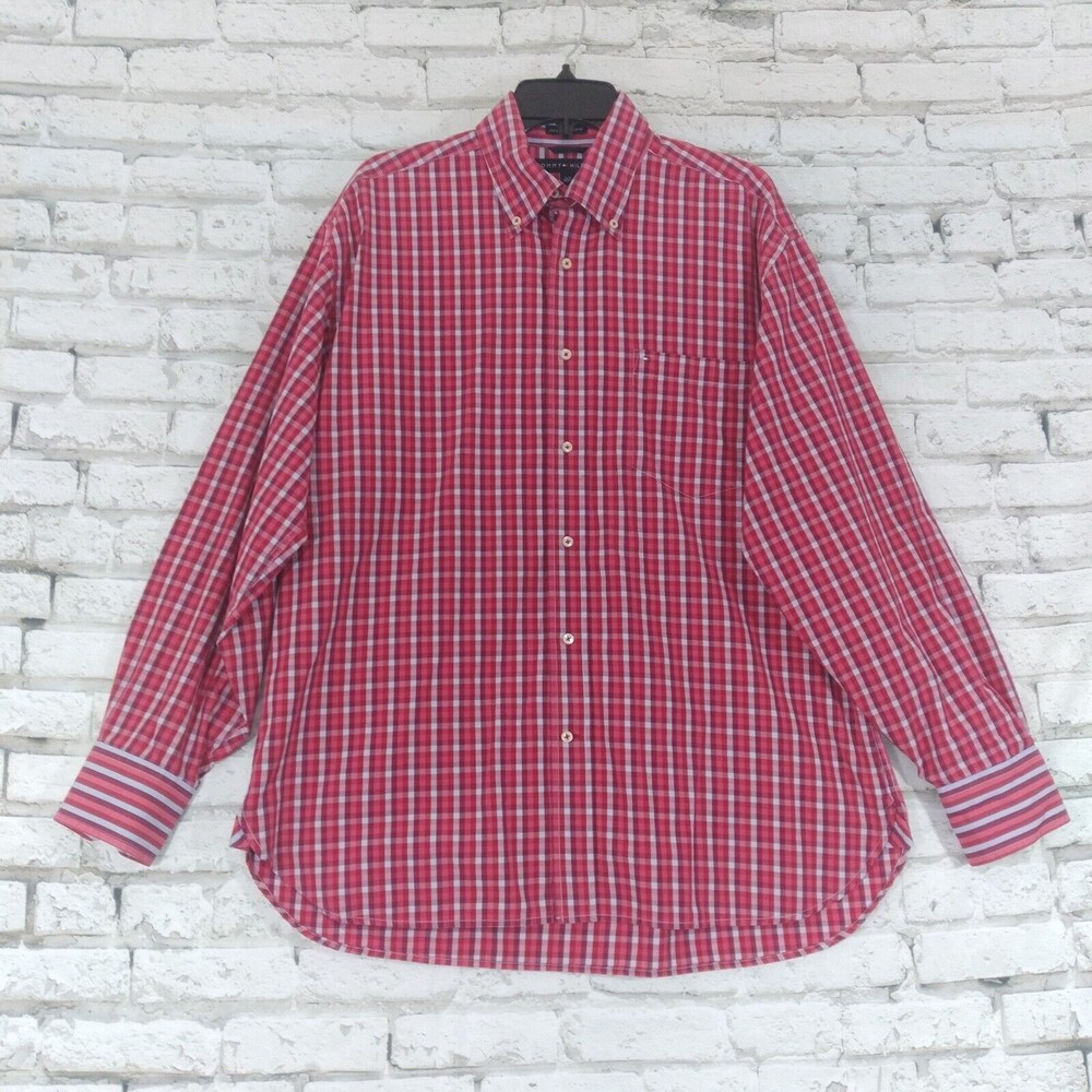 Tommy Hilfiger Button Up Shirt Mens Large Red Plaid 80s 2 Ply Fabric Long Sleeve